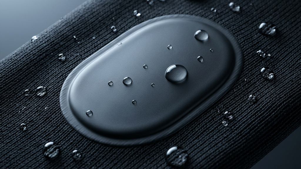 Elektrode im Stoff der Shorts, Wassertropfen perlen ab
