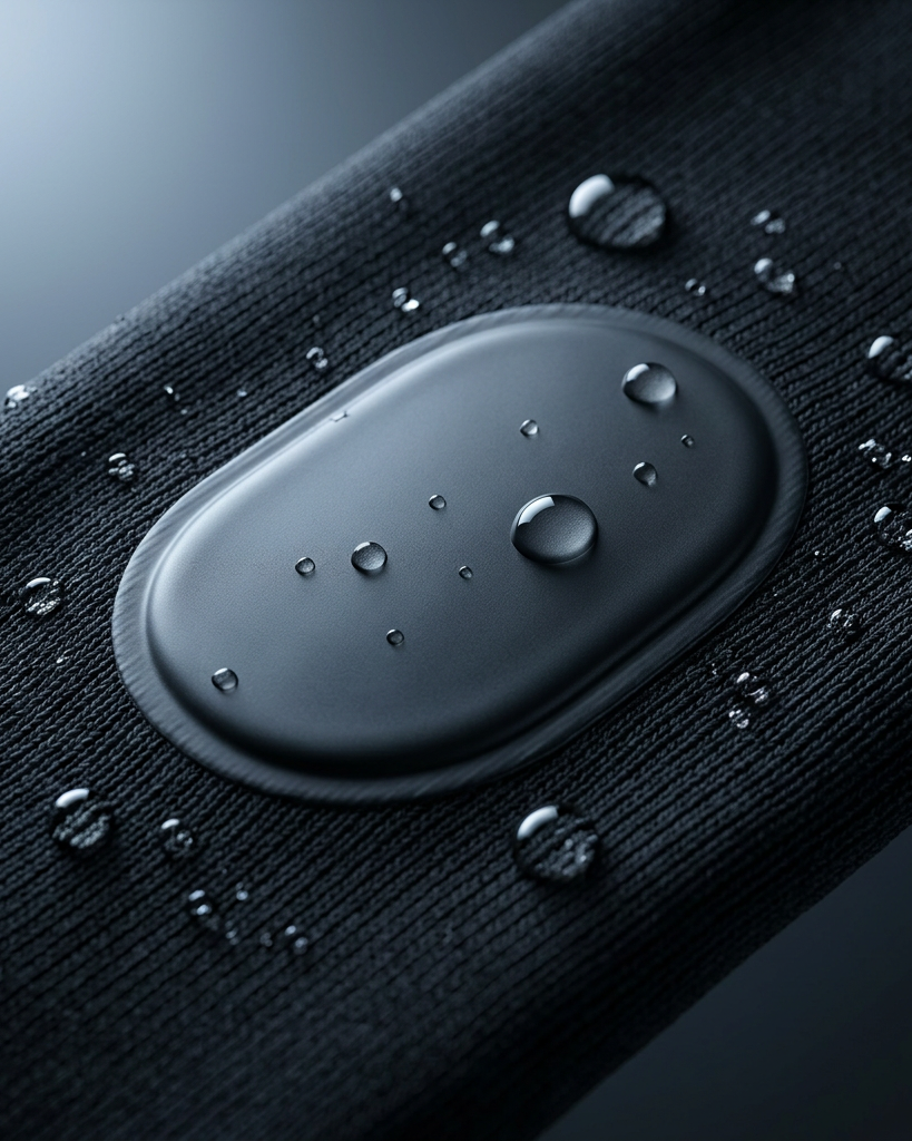 Elektrode im Stoff der Shorts, Wassertropfen perlen ab