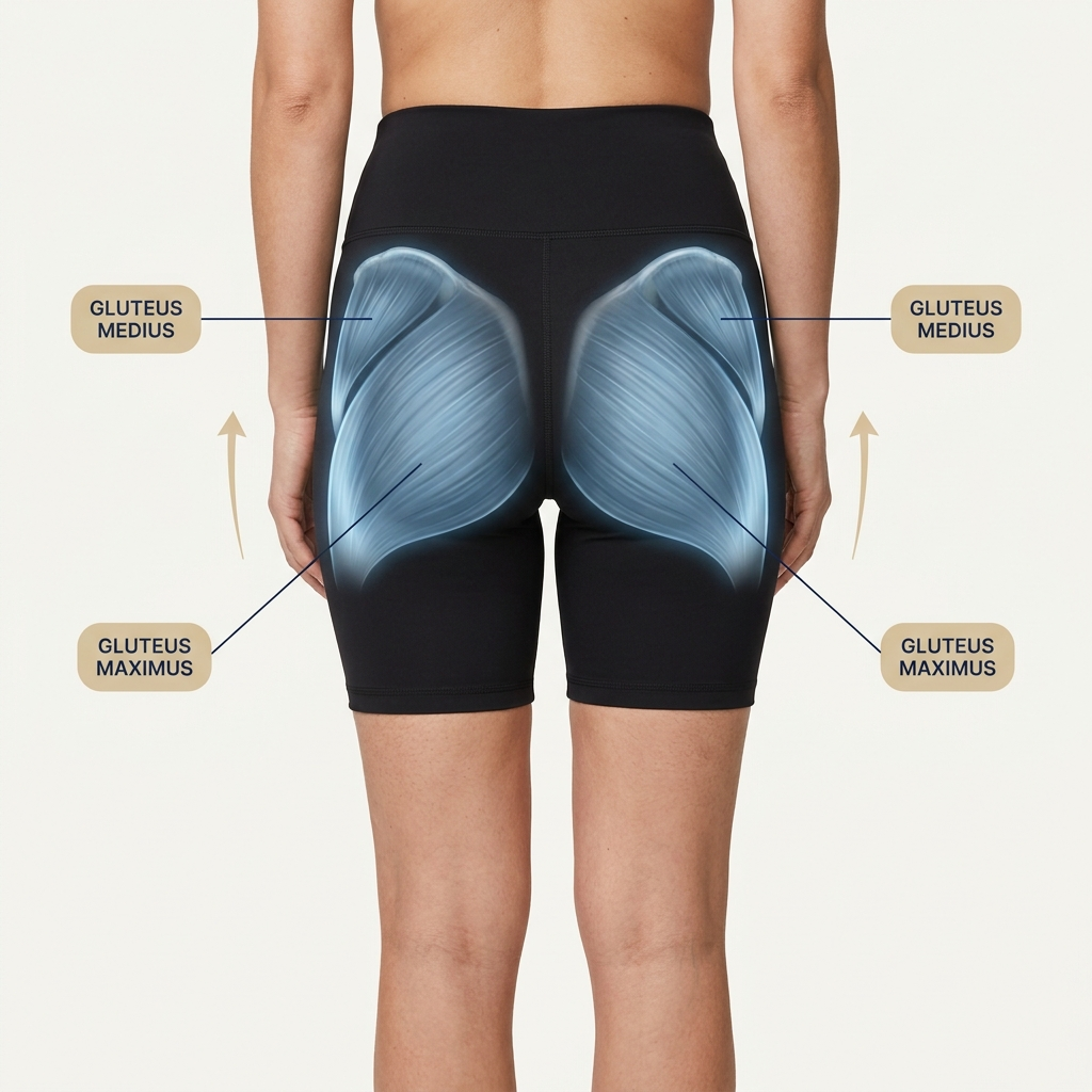 Rückansicht mit eingezeichnetem Gluteus maximus und medius, Pfeile nach oben