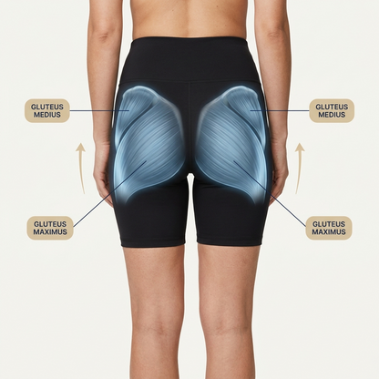 Rückansicht mit eingezeichneter Lage von Gluteus maximus und Gluteus medius