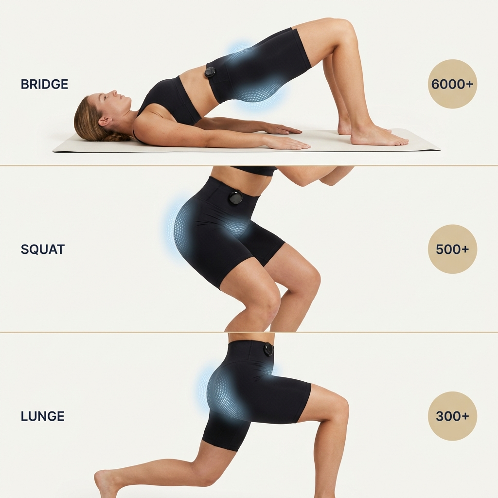Drei Übungshaltungen — Brücke, Kniebeuge, Ausfallschritt — mit angelegtem Body Shaper