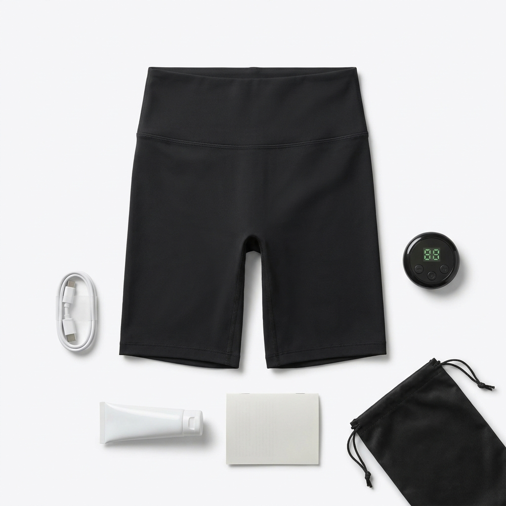 Lieferumfang von oben: Shorts, Steuergerät, Ladekabel, Gel-Tube, Anleitung und Aufbewahrungsbeutel