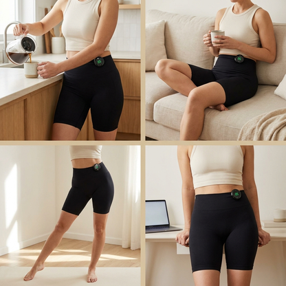 Vier Alltagsszenen mit angelegter Shorts: Küche, Sofa, Wohnraum, Schreibtisch